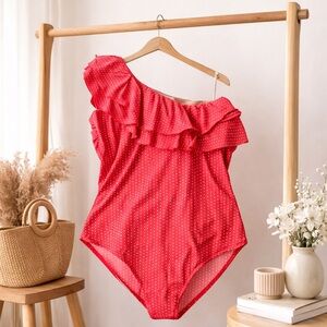 SWIM by Cacique Coral One Shoulder Ruffle One Piece Swimsuit No Wire Polka Dot